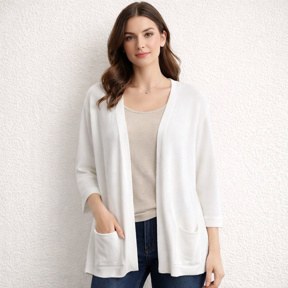 Erin London Cream Open-Front Cardigan Sweater with Pockets Soft Size Medium